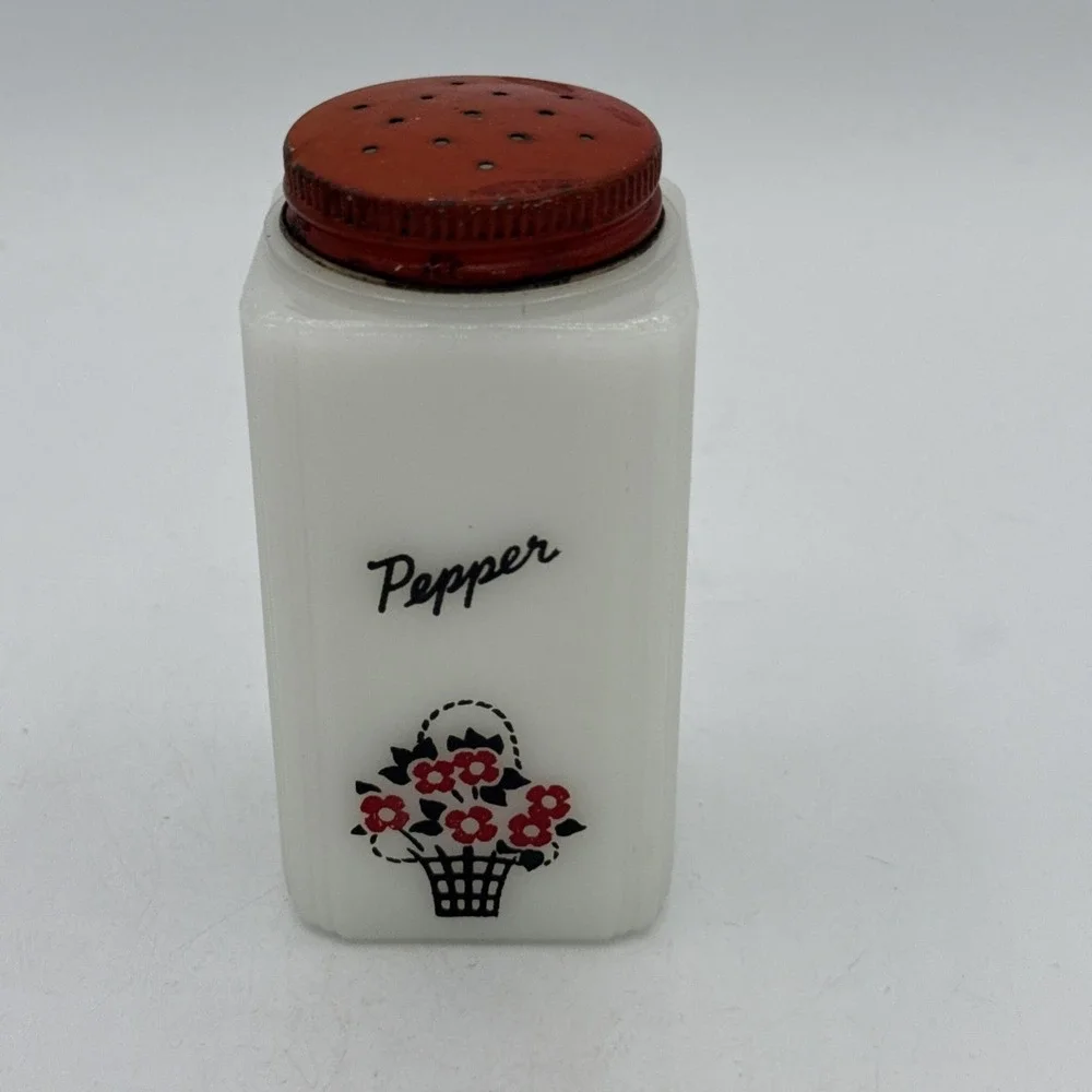 Vintage McKee Tipp City Milk Glass Salt Shaker Flower Pot Red Metal Lid 4